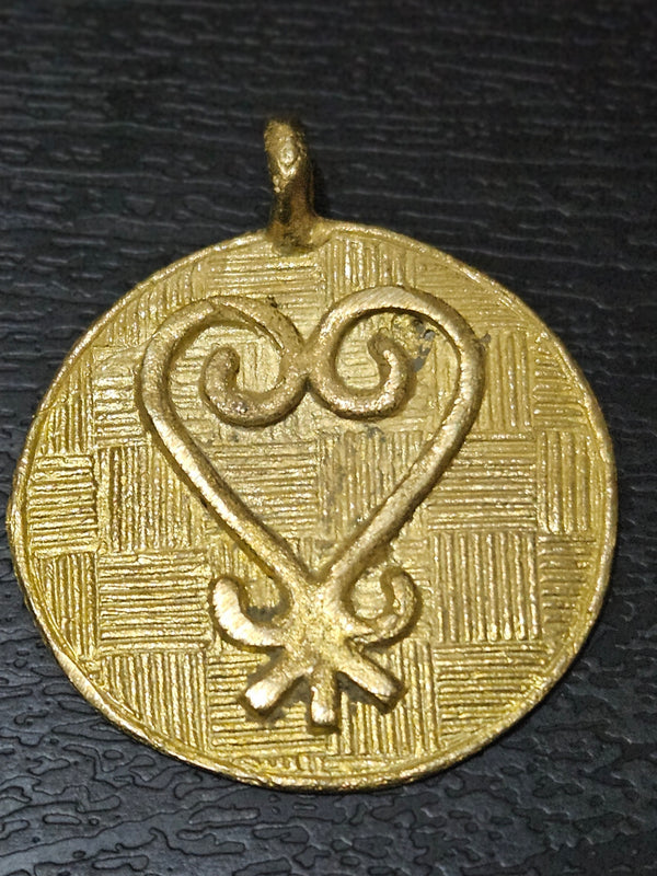 African brass pendant, round handmade symbolic Sankofa pendant