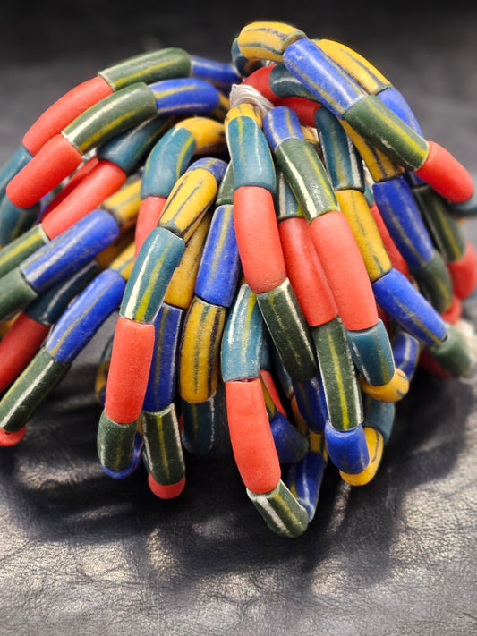 Painted African Recycled Glass Beads - Long Tube Beads #1701