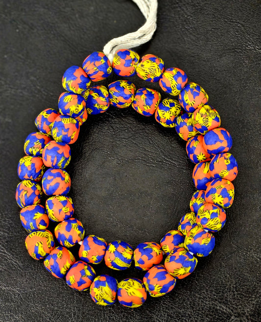 Royal Blue, Yellow & Coral Fused Krobo Recycled Glass Beads | 12–14 mm Round African Trade Beads | Handcrafted in Ghana