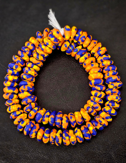 Orange, Yellow & Royal Blue Fused Krobo Rondelle Recycled Glass Beads | 14–16 mm African Trade Beads | Handcrafted in Ghana