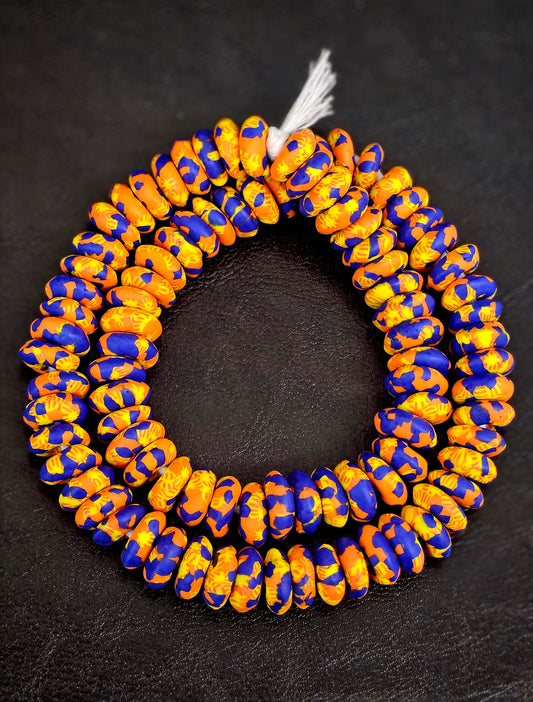 Orange, Yellow & Royal Blue Fused Krobo Rondelle Recycled Glass Beads | 14–16 mm African Trade Beads | Handcrafted in Ghana