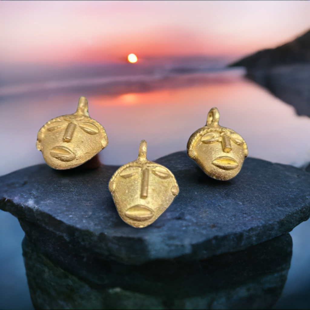3 African brass pendant, small tribal mask pendant, Ghana Ashanti brass pendants - Aadampo