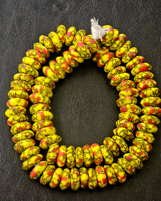 Vibrant Yellow & Red Fused Krobo Rondelle Recycled Glass Beads | 14–16 mm Large Hole African Trade Beads | Handmade in Ghana