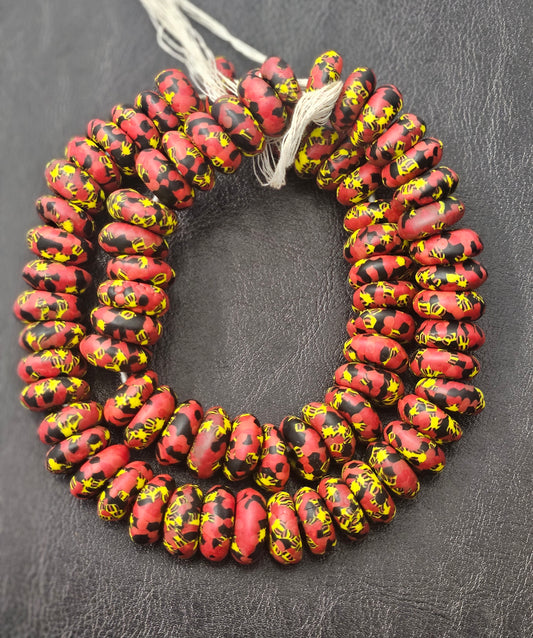 🔥 Red, Black & Yellow Patterned Krobo Recycled Glass Beads — 8–10×18–20 mm | Large Hole (3–3.5 mm) | Handcrafted African Beads from Ghana