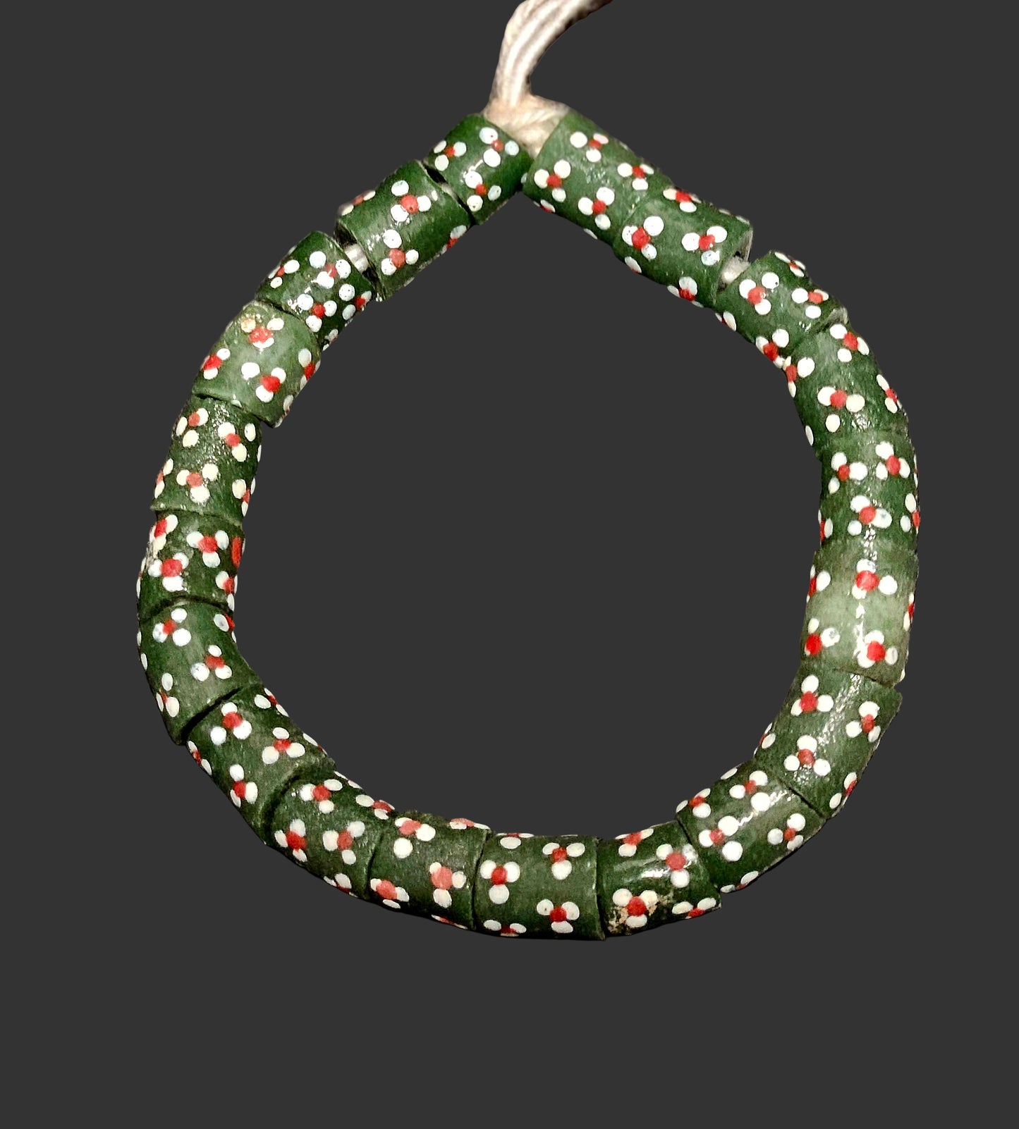 Dark Green Tube Krobo Recycled Glass Beads with Red & White Dots | 10–12.5 × 16–19.5 mm Large Hole Beads | Handcrafted in Ghana