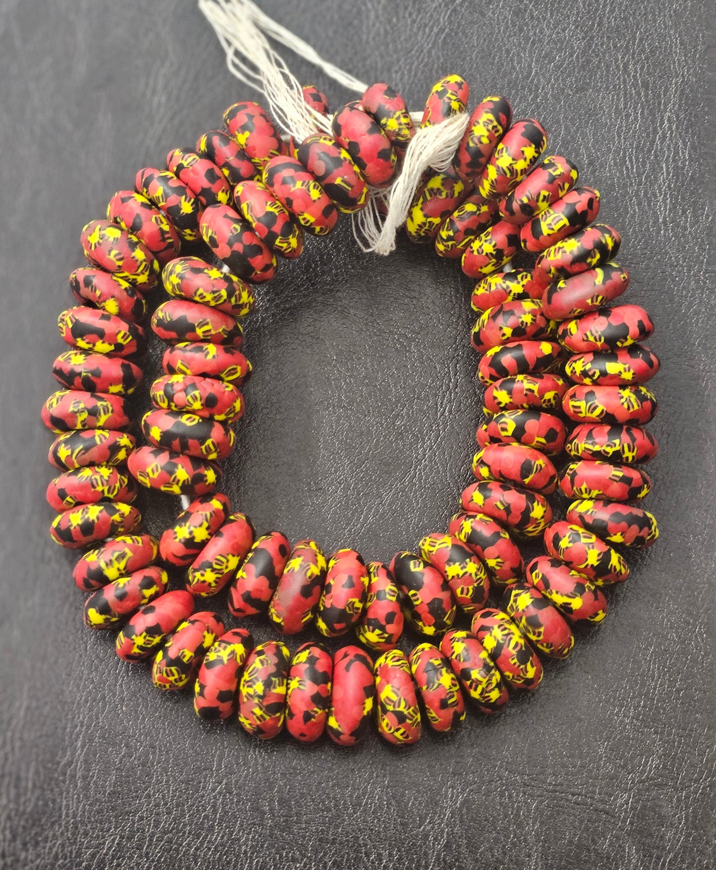 š„ Red, Black & Yellow Patterned Krobo Recycled Glass Beads ā 8ā10Ć18ā20 mm | Large Hole (3ā3.5 mm) | Handcrafted African Beads from Ghana