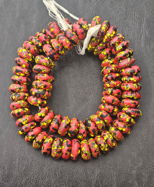 🔥 Red, Black & Yellow Patterned Krobo Recycled Glass Beads — 8–10×18–20 mm | Large Hole (3–3.5 mm) | Handcrafted African Beads from Ghana
