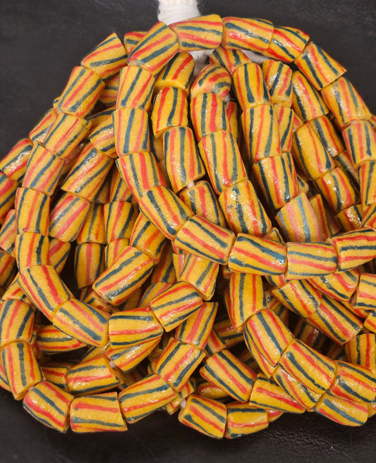 Yellow, Red & Green Striped Krobo Recycled Glass Tube Beads – 12–14 × 15–18 mm | Handcrafted in Ghana