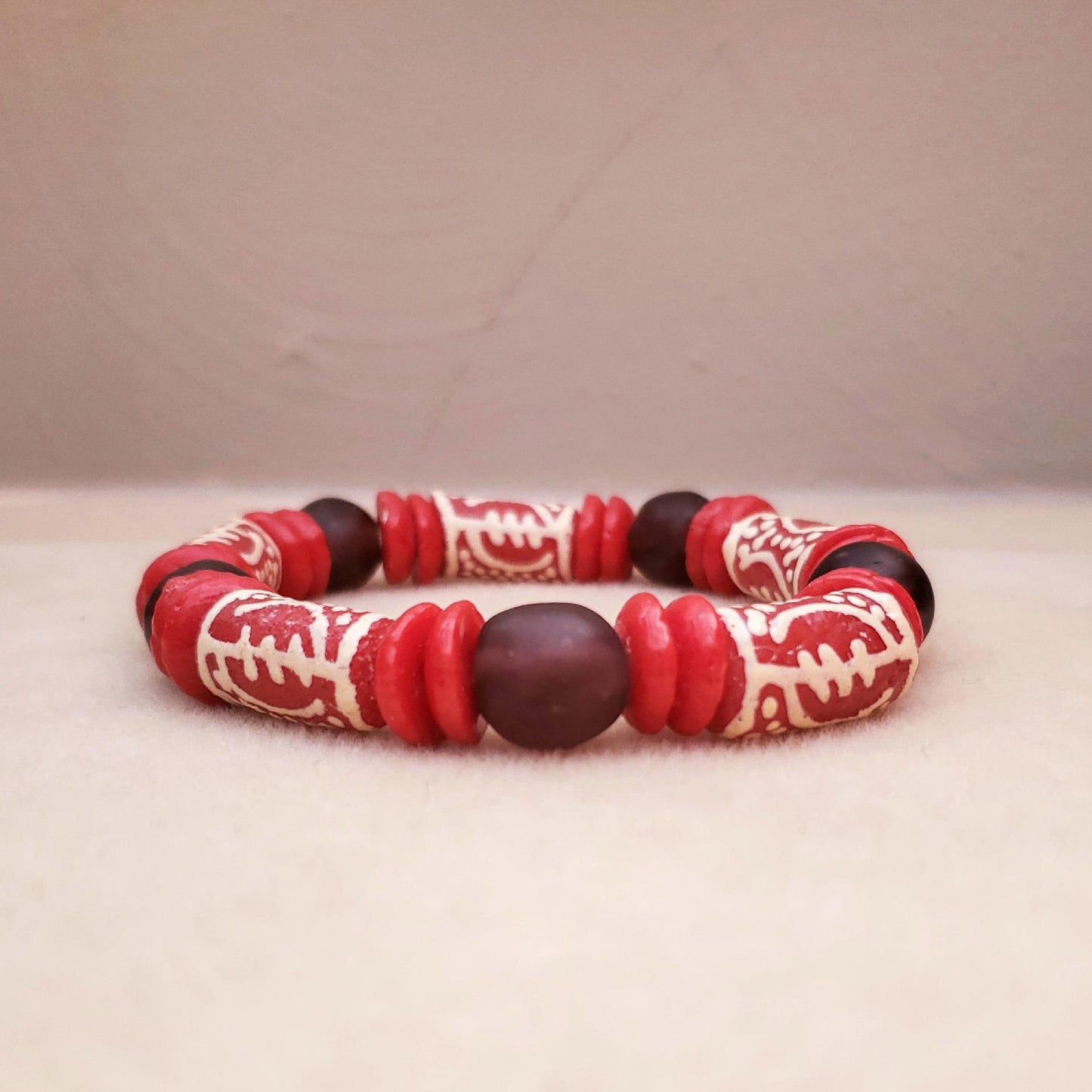 African recycled glass beads bracelets.  Red & Purple Gye Nyame Symbol Beaded Bracelet. - Aadampo