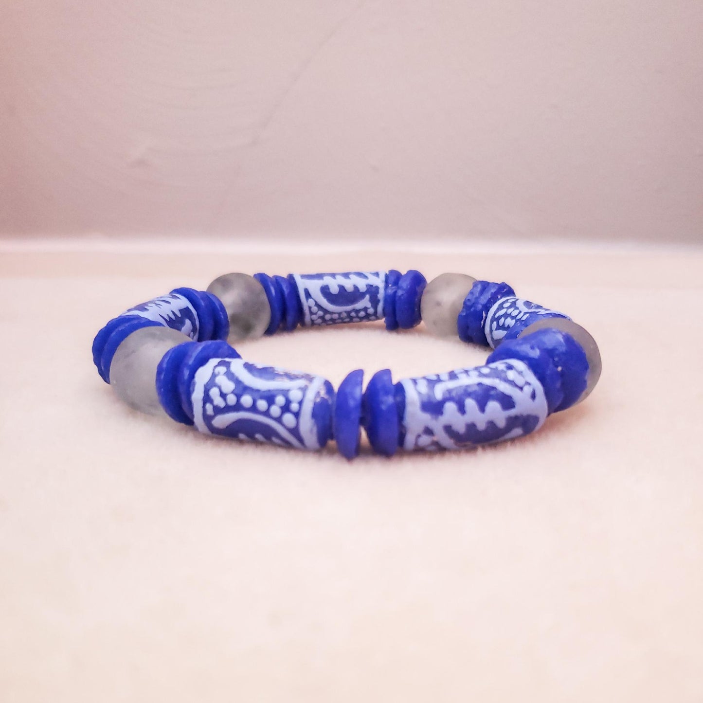 African Fashion, Blue Gye Nyame Symbol Beaded Bracelet - Aadampo