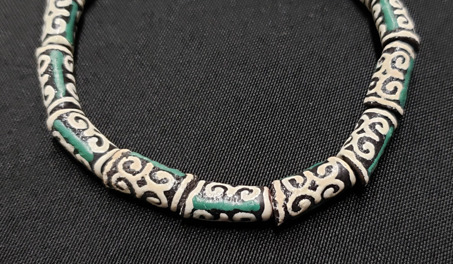African Beads: 15 Small Adinkra Glass Beads. "Ram Horn"  Meaning Humility and Strength. Ghana Krobo Beads. Green and Cream Beads - Aadampo