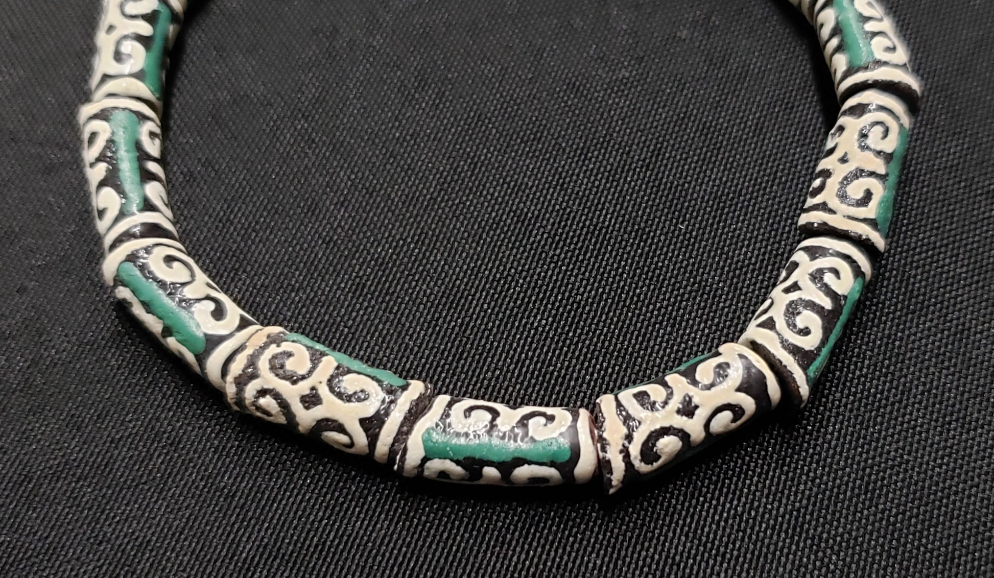 African Beads: 15 Small Adinkra Glass Beads. "Ram Horn"  Meaning Humility and Strength. Ghana Krobo Beads. Green and Cream Beads - Aadampo