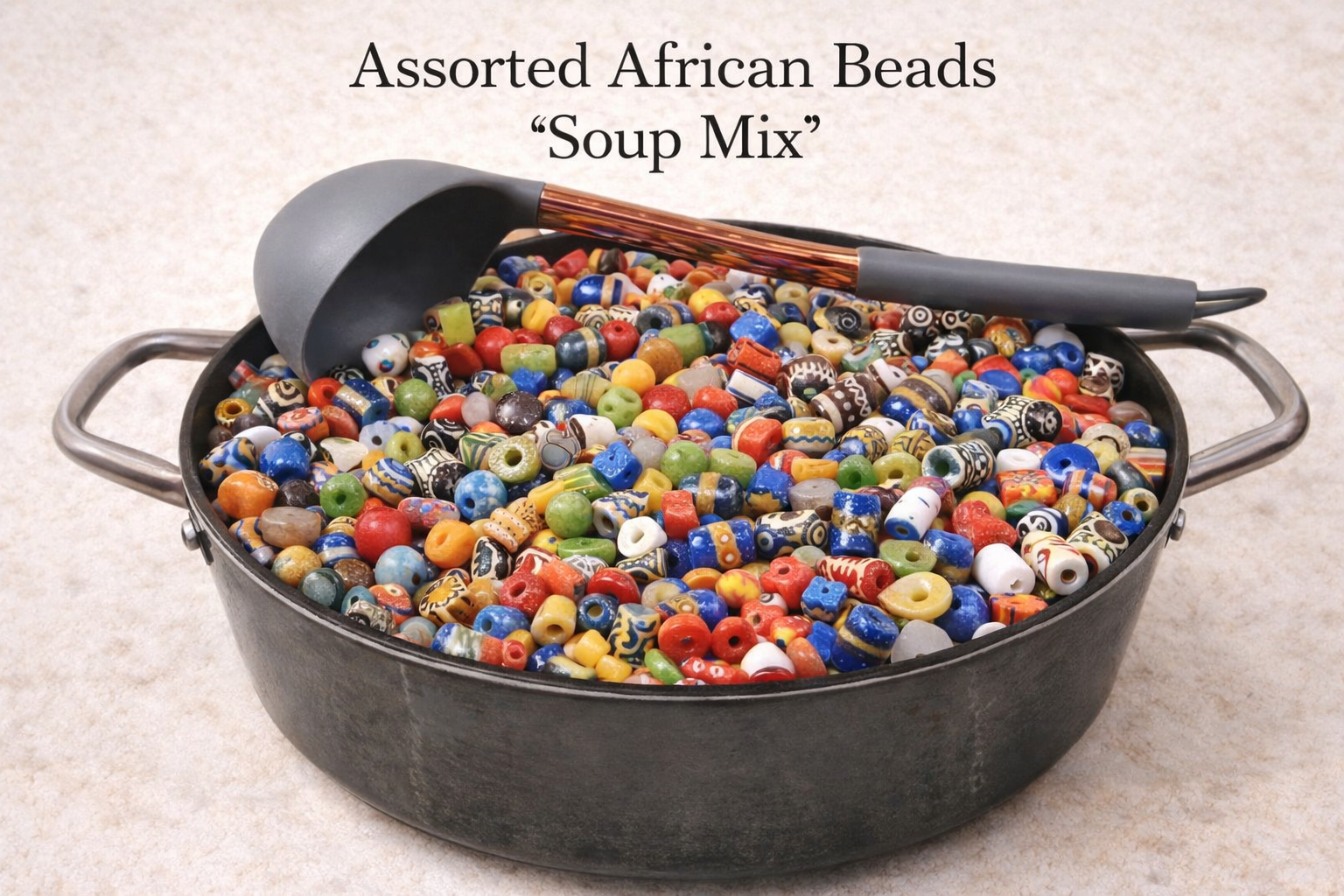 Assorted African beads soup mix featuring a variety of handcrafted glass beads from Ghana, highlighting color diversity, texture, and creative reuse.