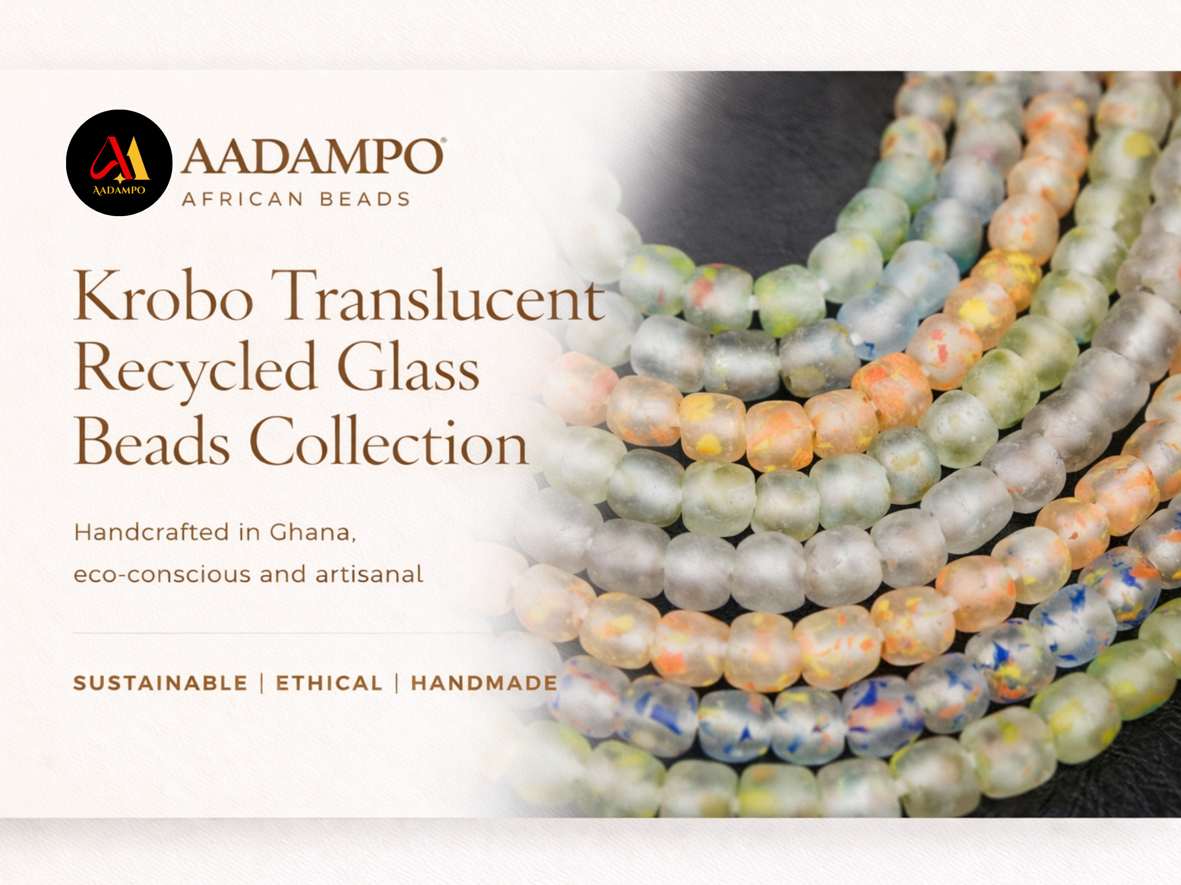 Close-up of handcrafted Krobo translucent recycled glass beads from Ghana, showcasing subtle colors and eco-friendly craftsmanship