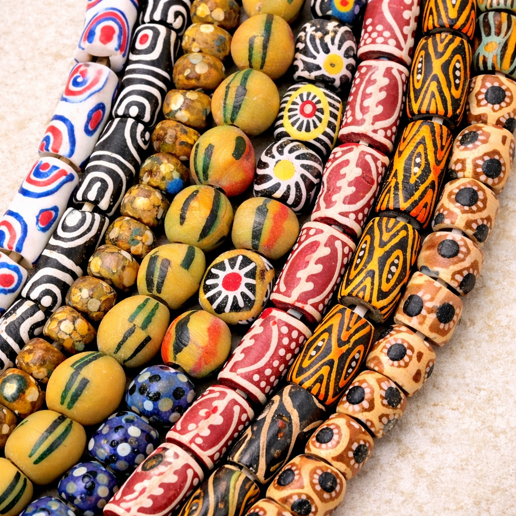 Eco-friendly and colorful African glass beads from Aadampo’s Krobo collection, painted by Ghanaian artisans with cultural precision.