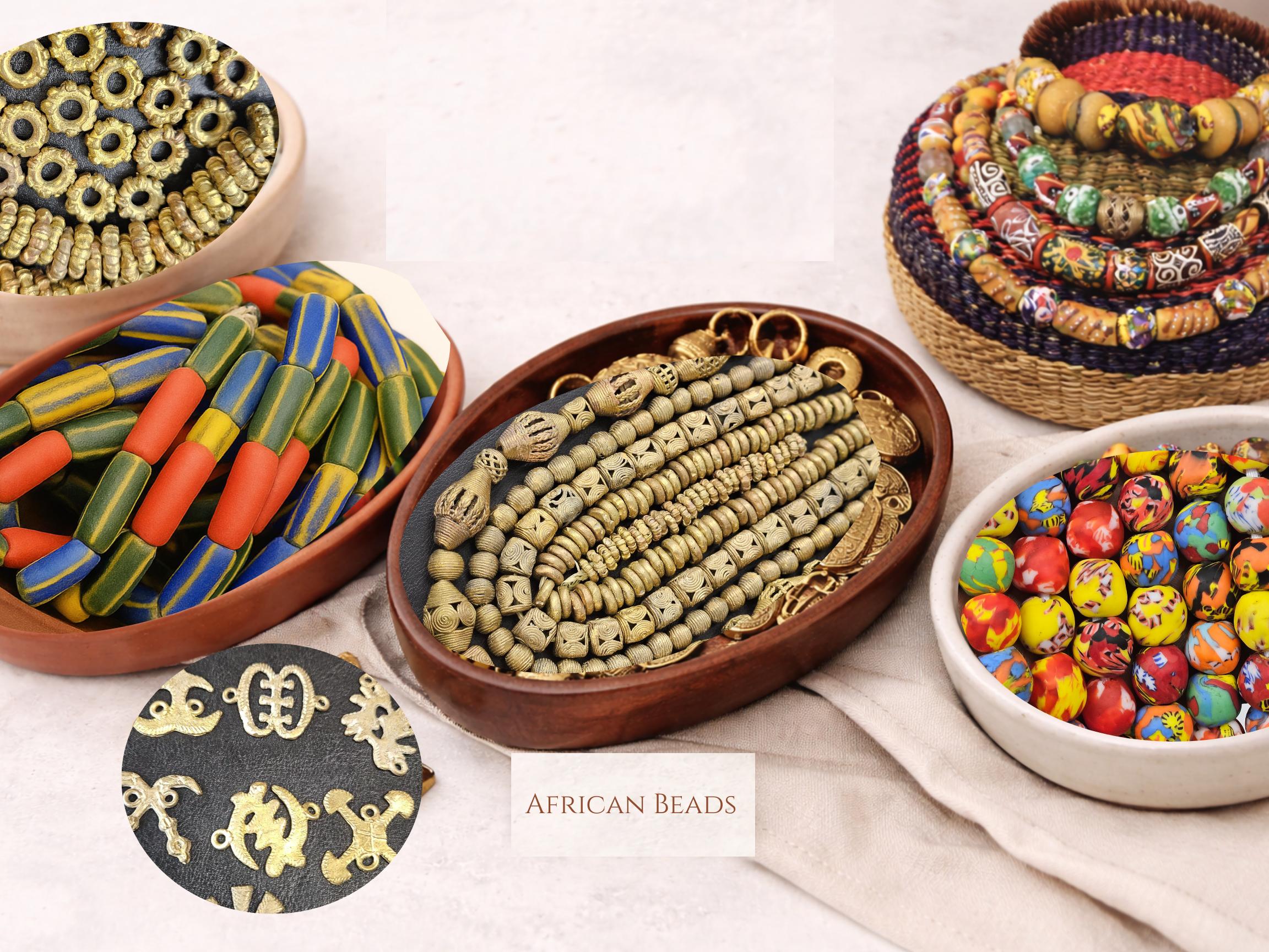 Browse all handcrafted African beads from Ghana, including Krobo glass beads, Ashanti glass beads, and traditional brass elements.