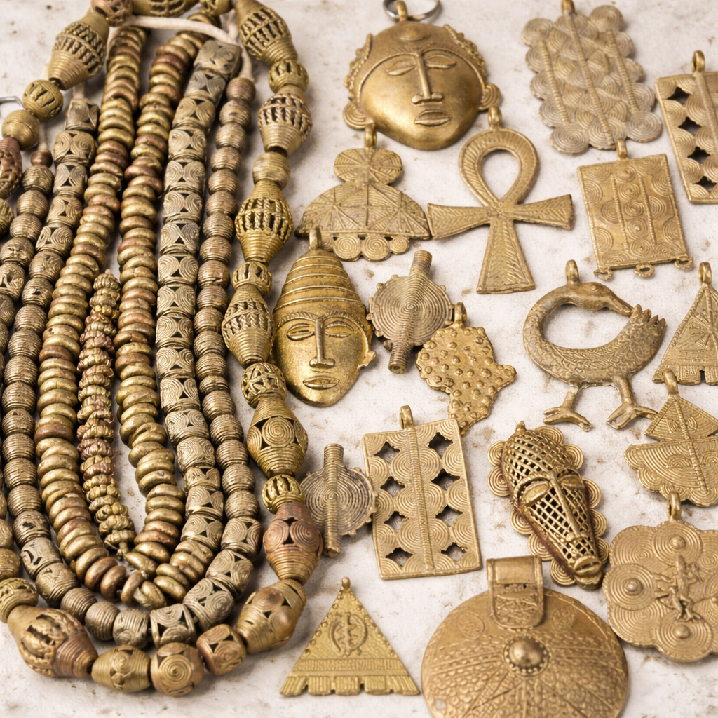 Handcrafted African brass beads and pendants with a warm bronze tone and subtle oxidized patina, displayed on an ivory background to emphasize vintage character.