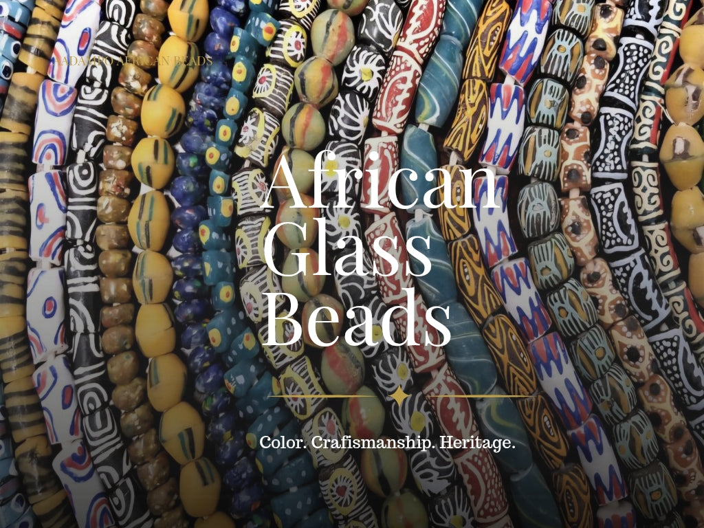 Collection banner for Aadampo African Beads featuring handcrafted African glass beads from Ghana arranged beautifully. Large editorial text reads "African Glass Beads" with the tagline "Color. Craftsmanship. Heritage."