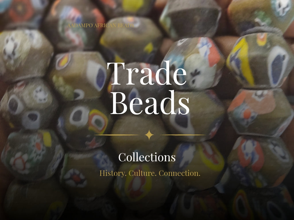 Collection banner for Aadampo Cultural Materials featuring authentic African trade beads. On the left, elegant typography reads “Trade Beads” with the tagline “Authentic. Historic. Timeless.”