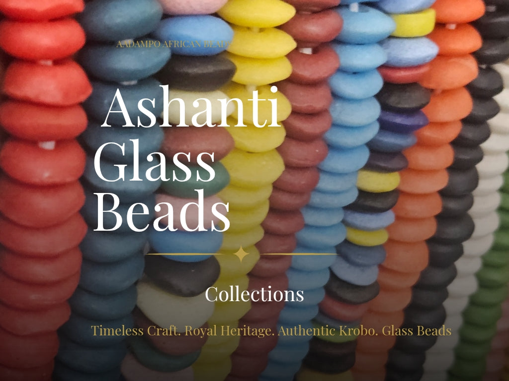 Ashanti glass beads handcrafted in Ghana, featuring vibrant colors and traditional African craftsmanship from Aadampo.