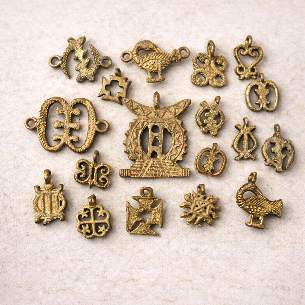 Handcrafted African brass Adinkra symbol pendants with muted gold and bronze tones, showing subtle patina and traditional symbolic detailing.