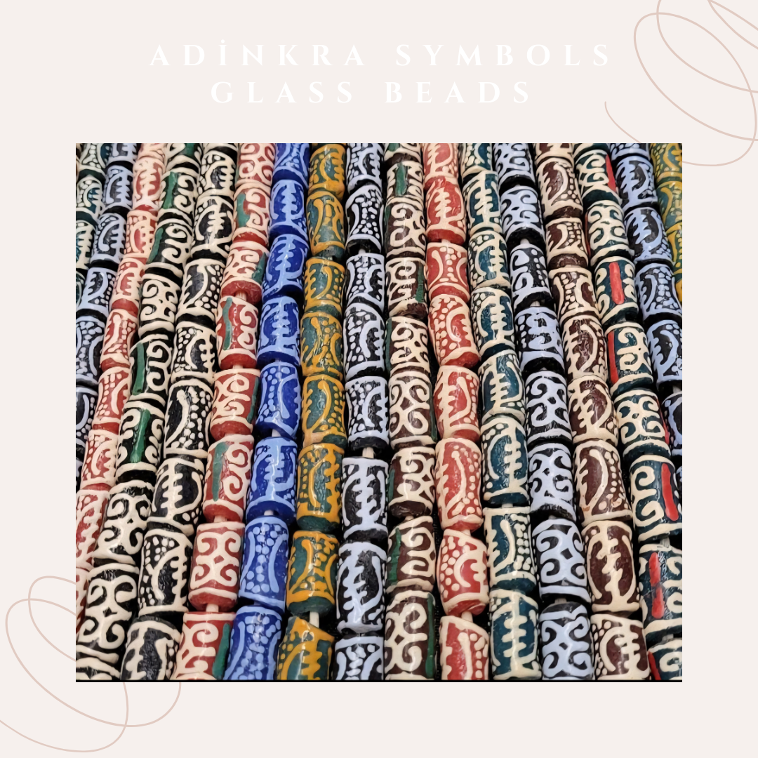 Adinkra symbol glass beads handcrafted in Ghana, showcasing traditional African motifs in vibrant colors.