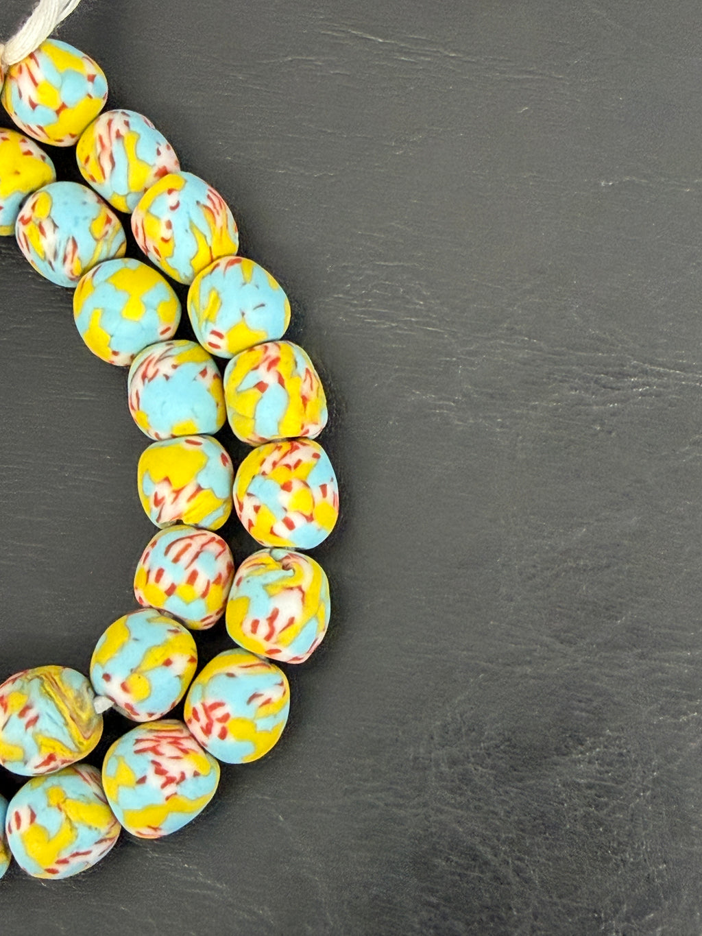 Sky Blue & Ivory Fused Krobo Recycled Glass Beads 12–14mm | Handmade African Glass Beads from Ghana | 44 Beads Per Strand