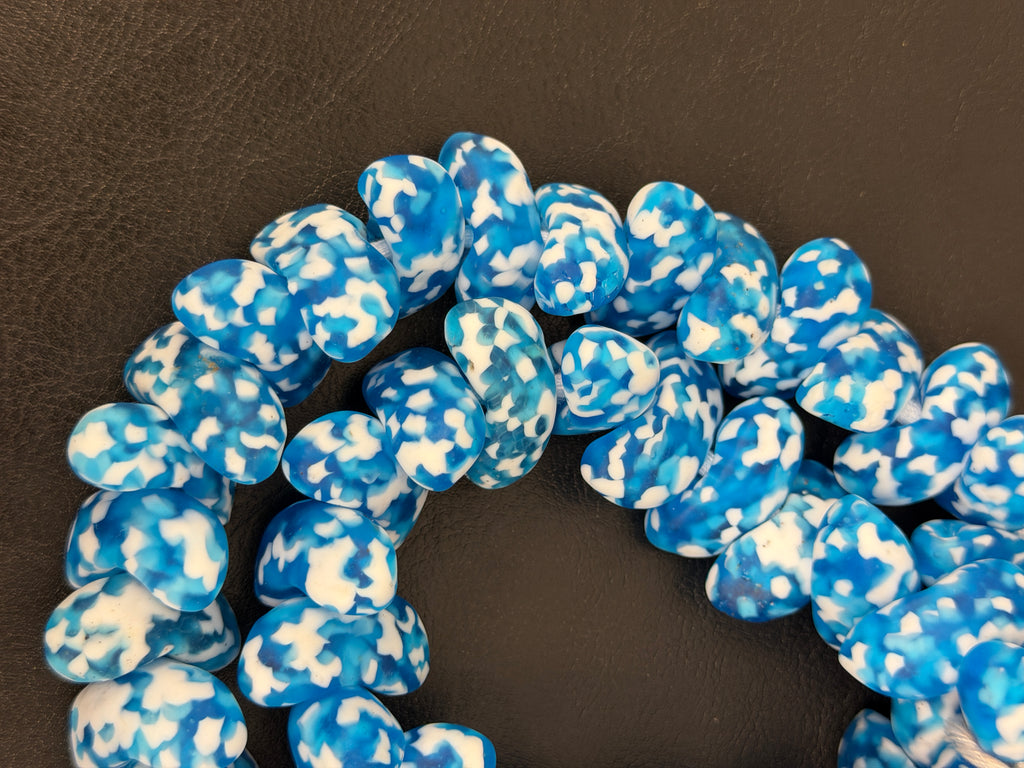 XL Ocean Mosaic Canoe-Shaped Krobo Powdered Glass Beads | Blue & White Recycled Glass Beads | Handmade African Beads from Ghana