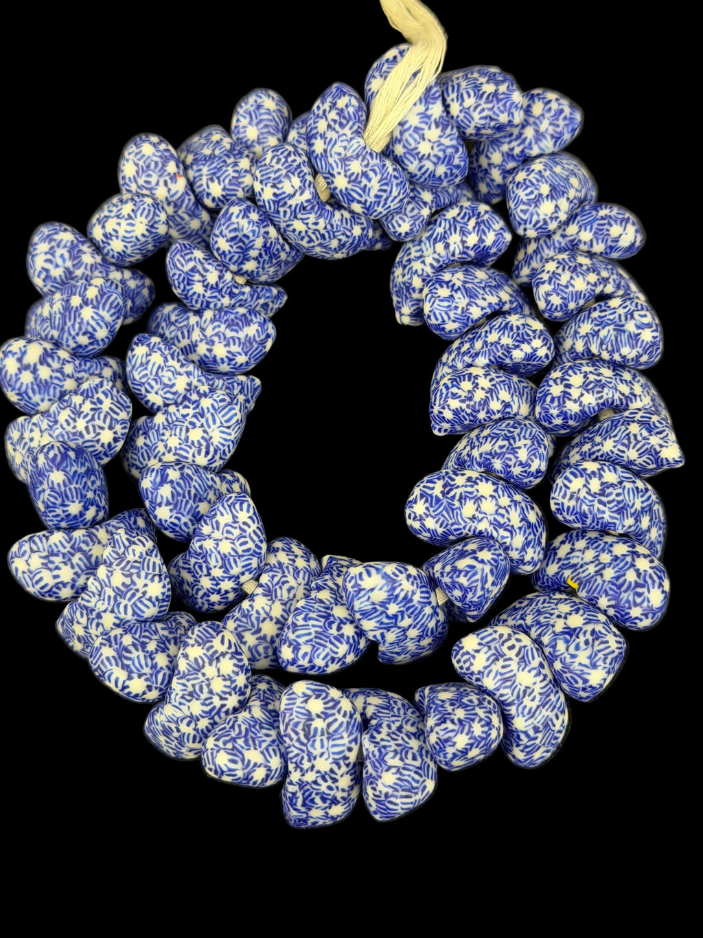 XL Canoe-Shaped Krobo Powdered Glass Beads – Blue & White Patterned African Recycled Glass Beads | Handmade Ghana Glass Beads | Statement Jewelry Beads Strand