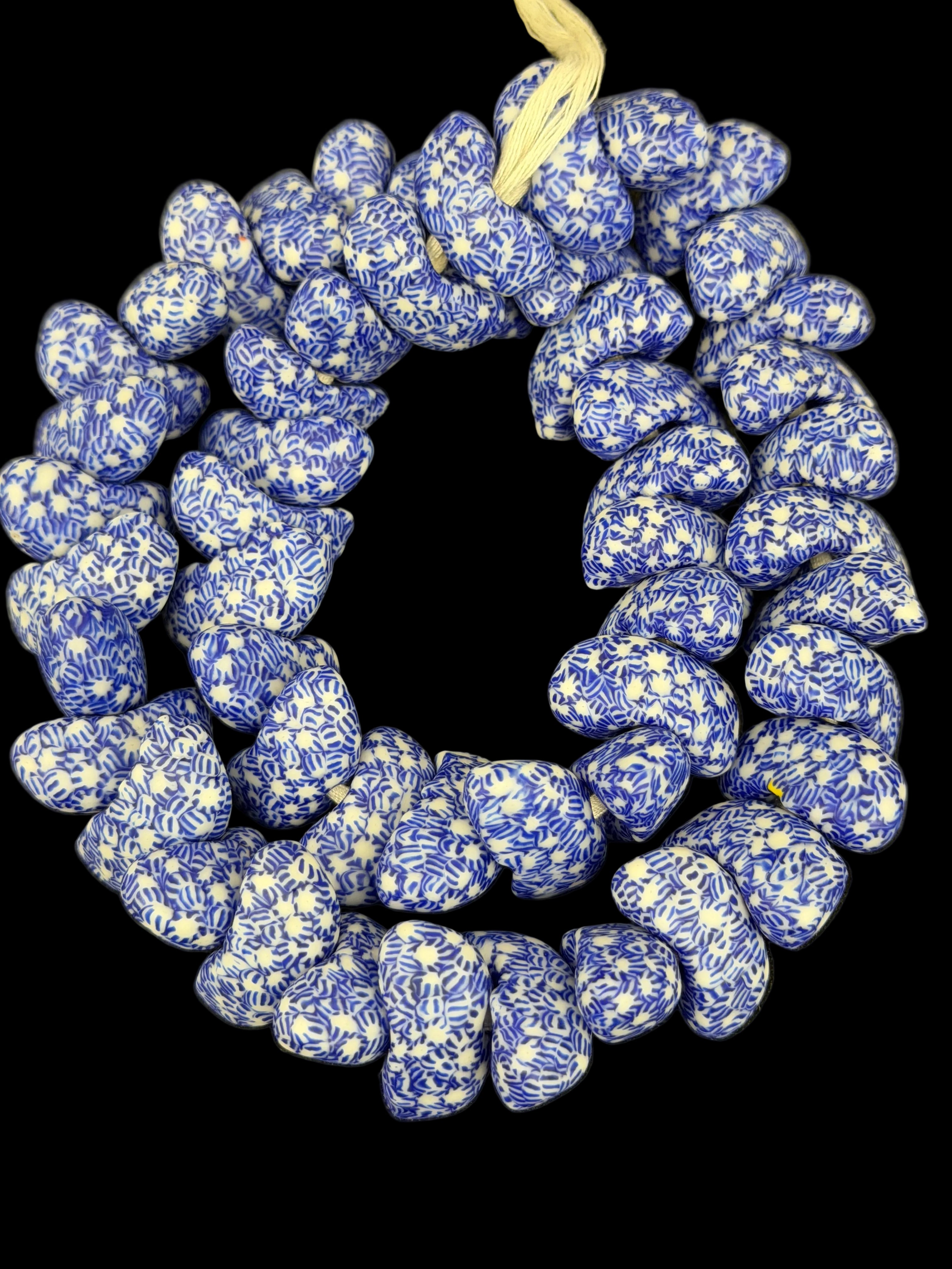 XL Canoe-Shaped Krobo Powdered Glass Beads – Blue & White Patterned African Recycled Glass Beads | Handmade Ghana Glass Beads | Statement Jewelry Beads Strand