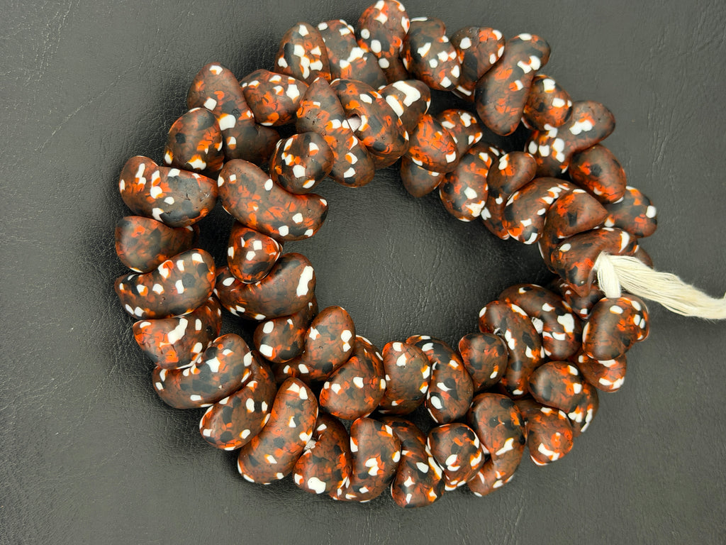 XL Cocoa Ember Canoe-Shaped Krobo Powdered Glass Beads | Brown, Rust & Ivory Recycled Glass Beads | Handmade African Beads from Ghana