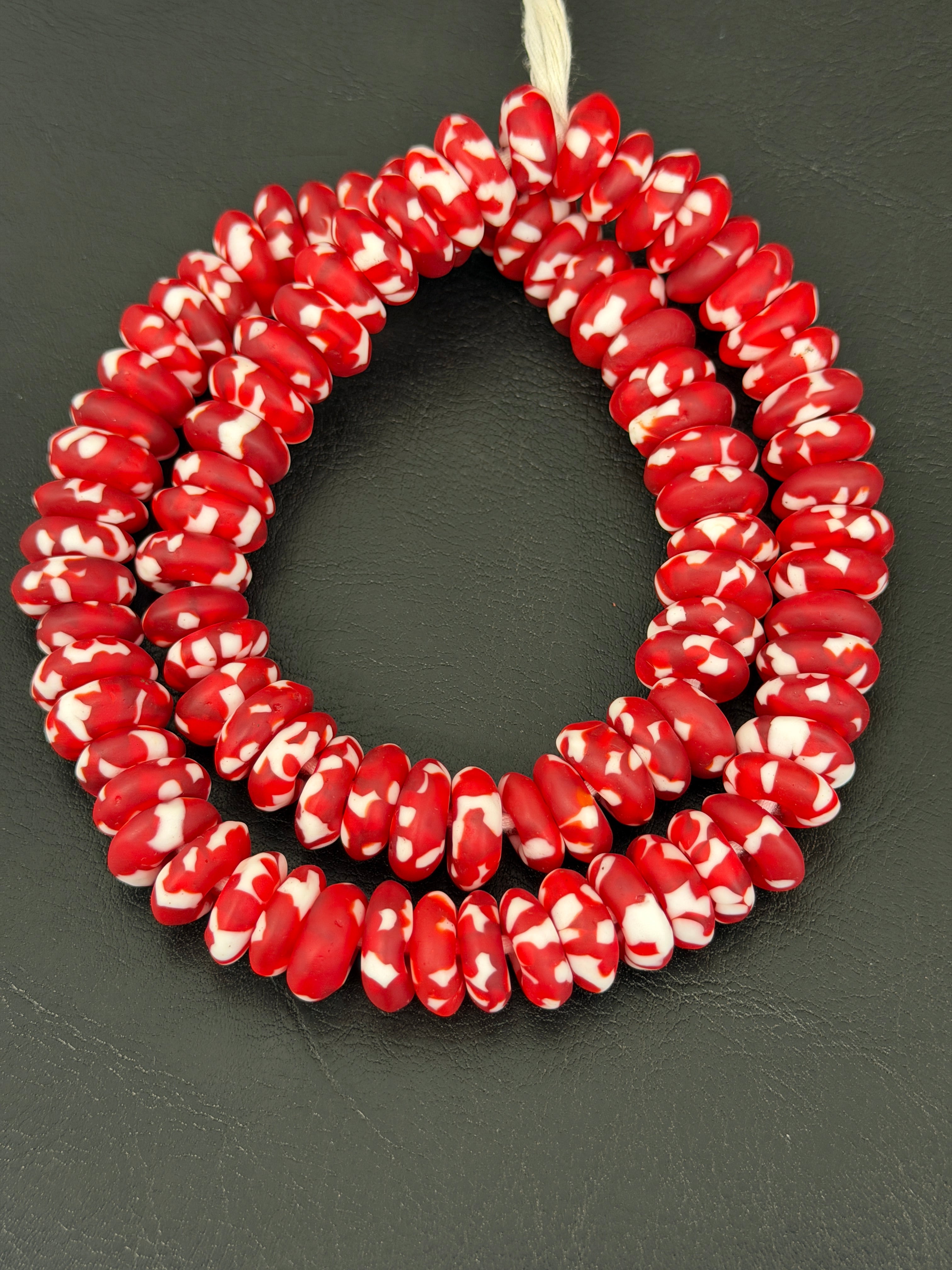Authentic Ghana Fused Krobo Rondelle Beads – Crimson Red & Ivory Recycled Glass Beads
