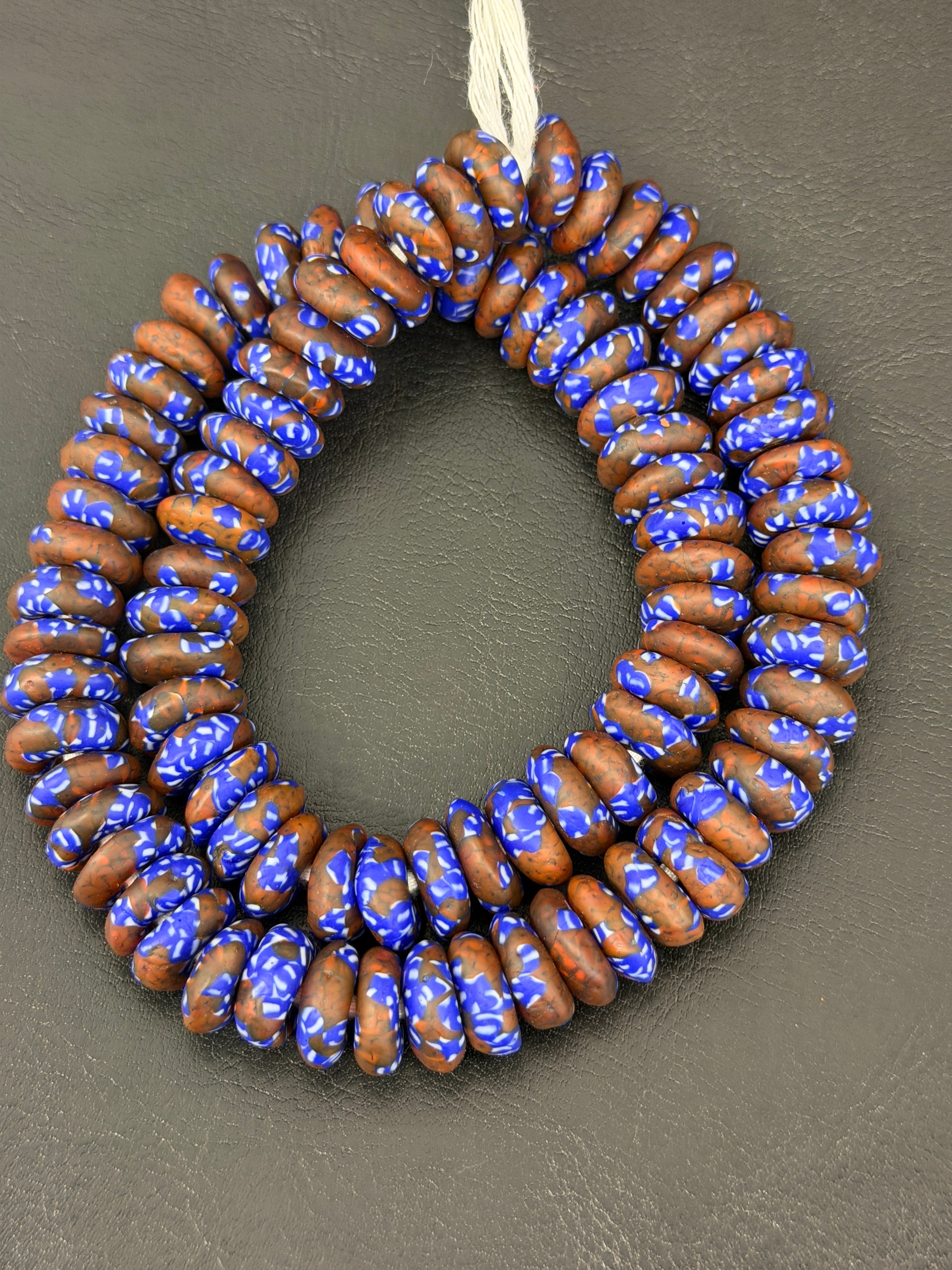 Handmade Blue Brown Fused Krobo Rondelle Recycled Glass Beads | Sustainable African Jewelry Supplies