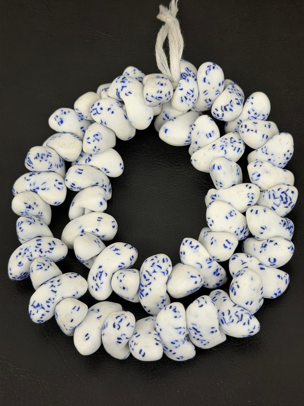 XL White & Cobalt Blue Canoe-Shaped Krobo Powdered Glass Beads | Handmade Recycled Glass Beads from Ghana | African Statement Beads