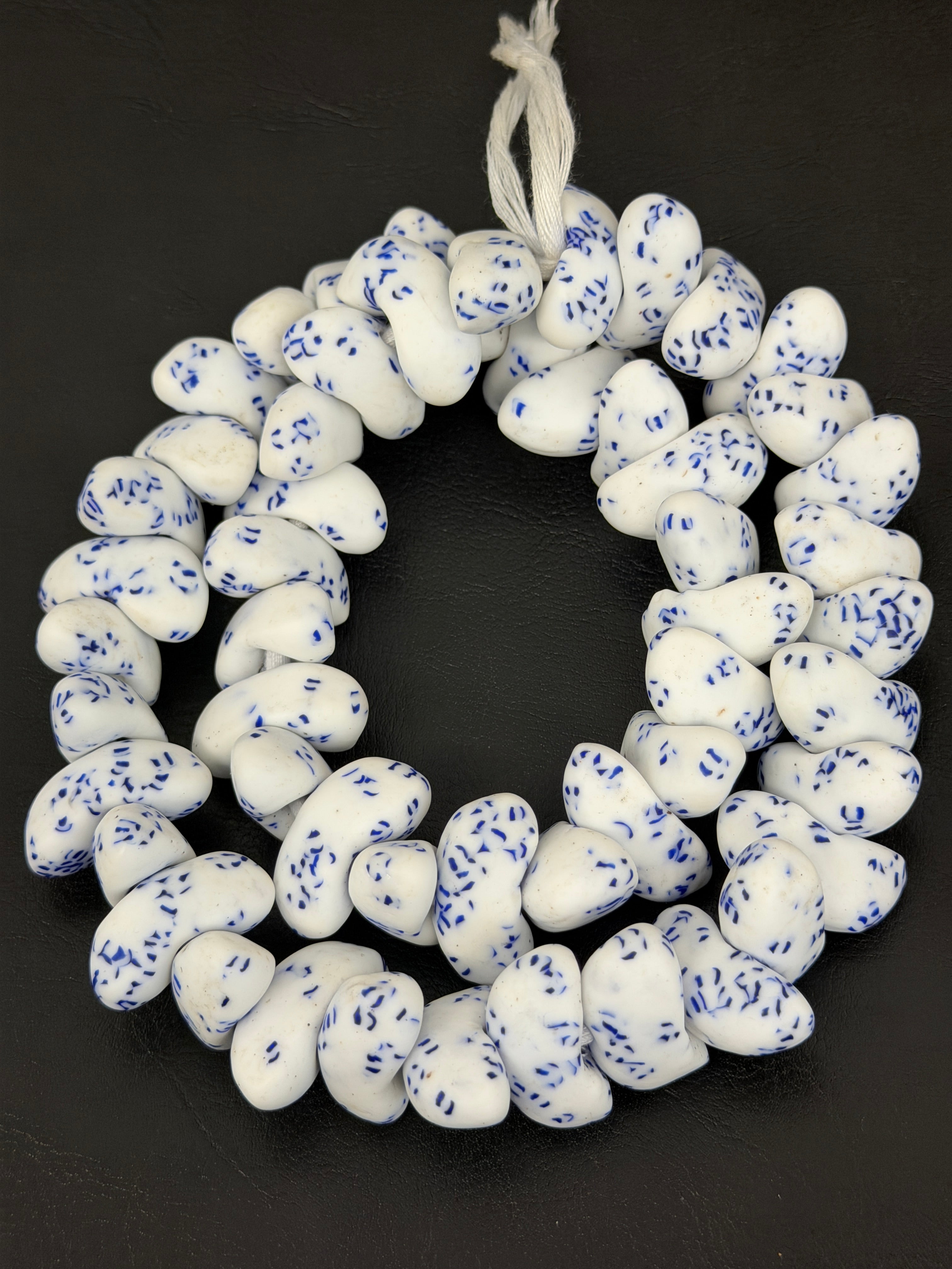 XL White & Cobalt Blue Canoe-Shaped Krobo Powdered Glass Beads | Handmade Recycled Glass Beads from Ghana | African Statement Beads