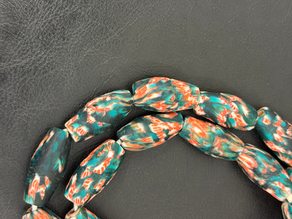 Teal and Coral Fused Krobo Recycled Glass Beads, Handmade African Glass Beads, Ghana Statement Jewelry Supplies