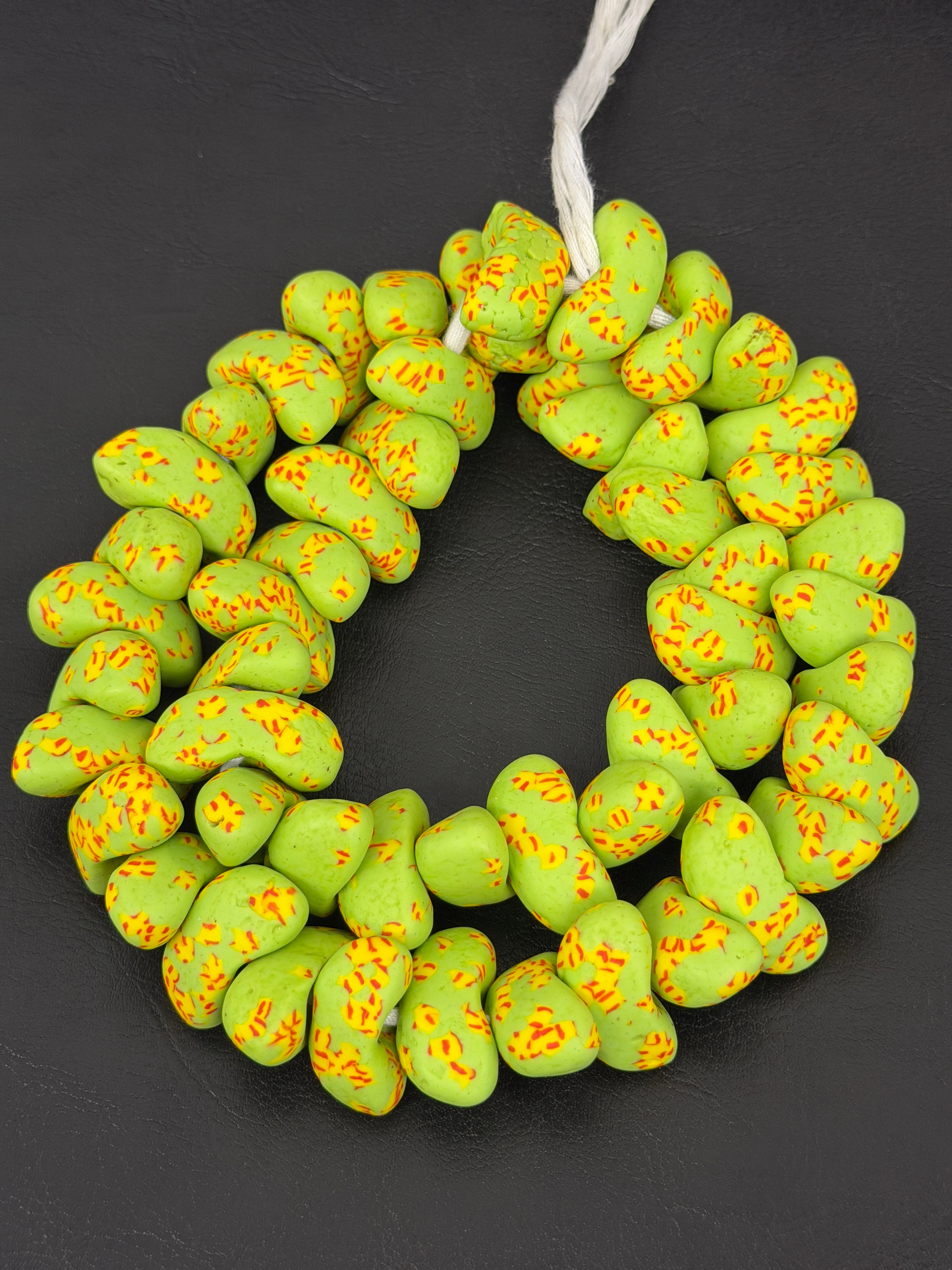 XL Canoe-Shaped Krobo Powdered Glass Beads – Lime Green & Orange Speckled African Recycled Glass Beads | Large Artisan Beads from Ghana | 1 Strand