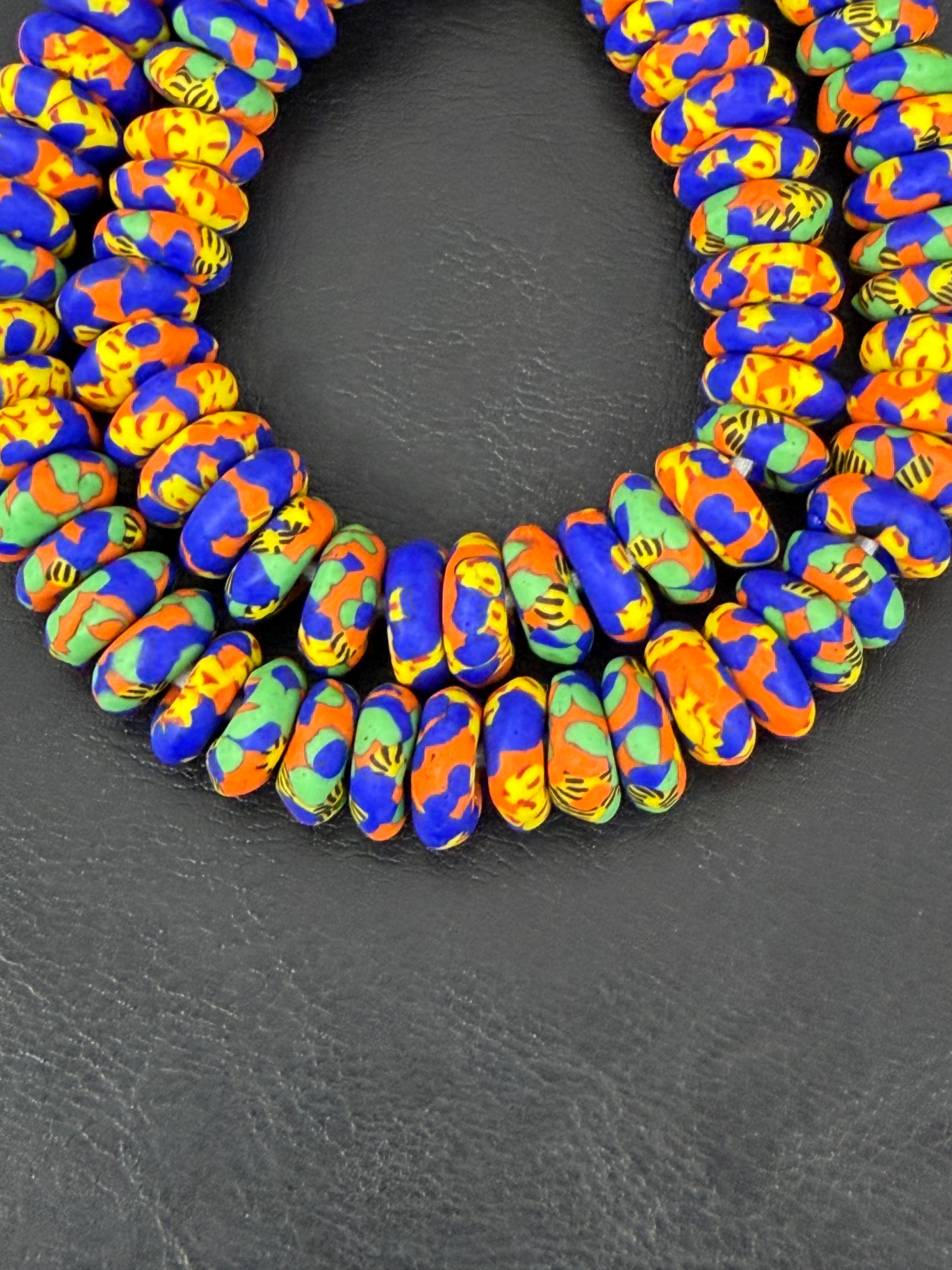 African Glass Bead Bundle – Multicolor Painted Rondelles with Lime Green Pocket Glass Beads