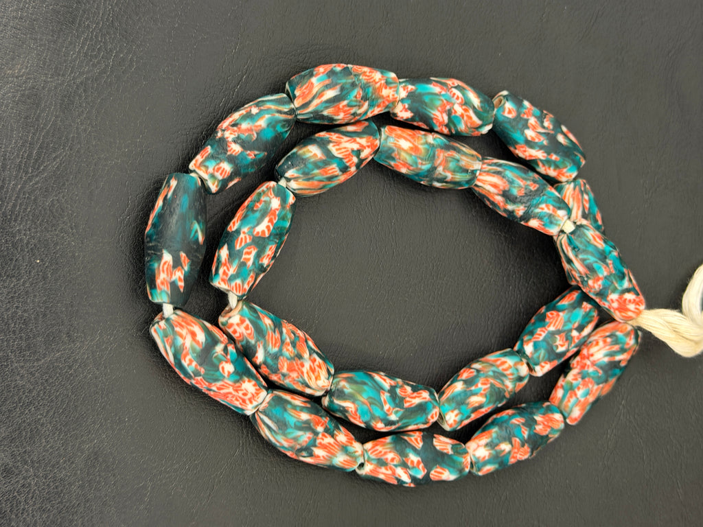 Teal and Coral Fused Krobo Recycled Glass Beads, Handmade African Glass Beads, Ghana Statement Jewelry Supplies