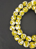 Ivory & Golden Yellow Fused Krobo Recycled Glass Beads 12–14mm | Handmade African Glass Beads from Ghana | 44 Beads Per Strand