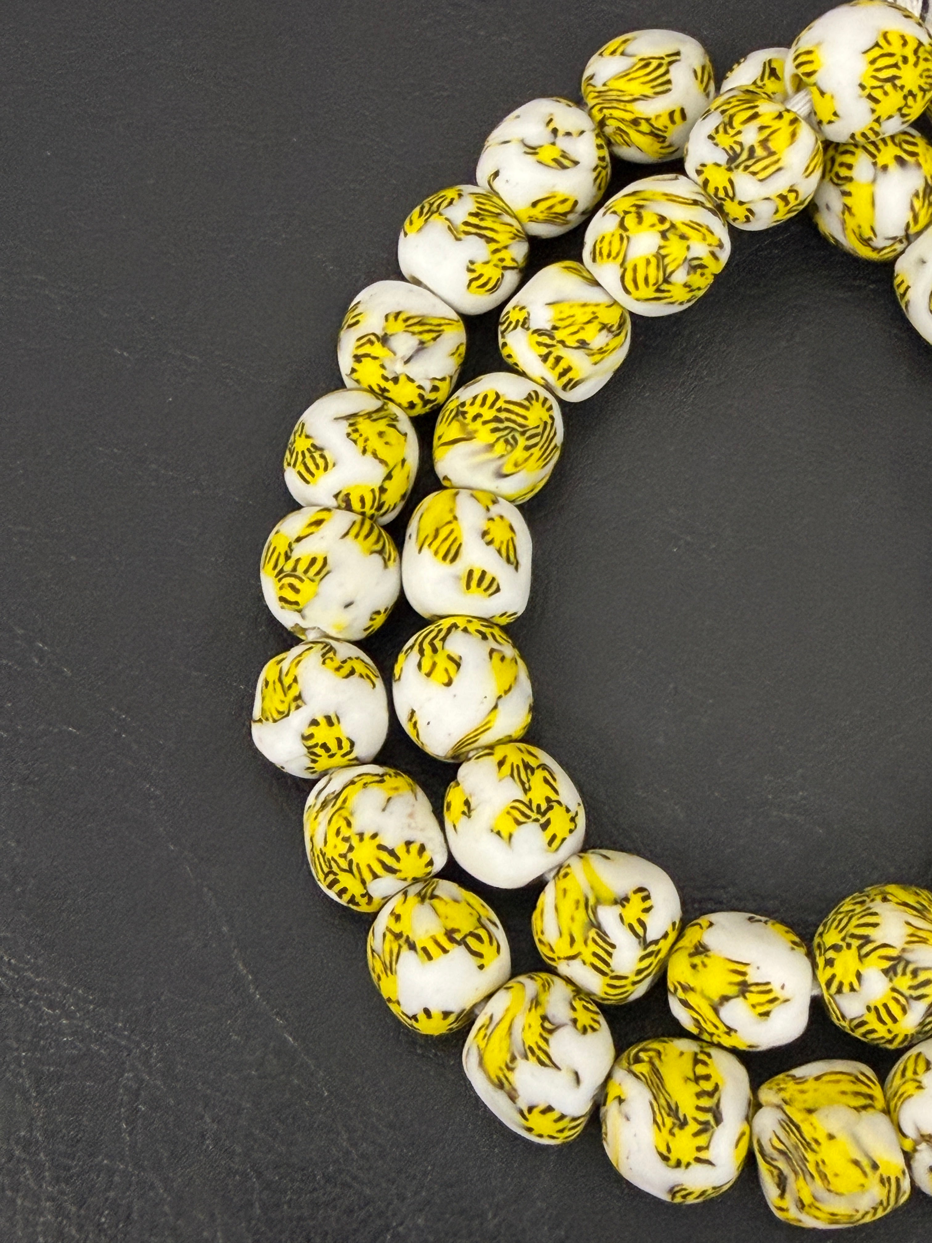 Ivory & Golden Yellow Fused Krobo Recycled Glass Beads 12–14mm | Handmade African Glass Beads from Ghana | 44 Beads Per Strand
