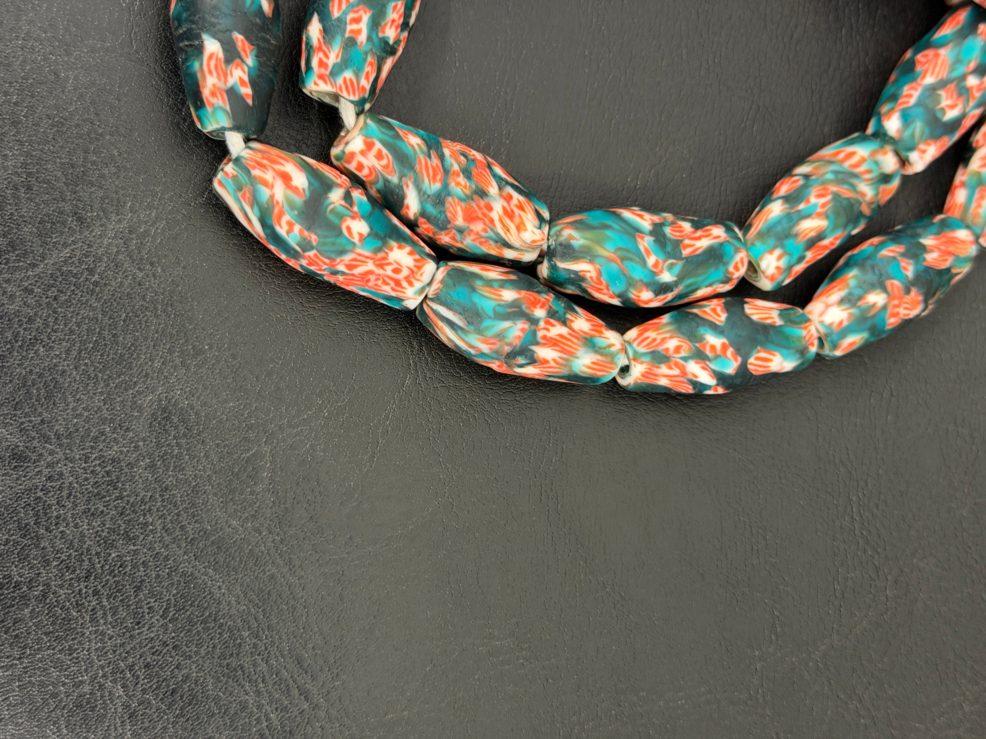 Teal and Coral Fused Krobo Recycled Glass Beads, Handmade African Glass Beads, Ghana Statement Jewelry Supplies