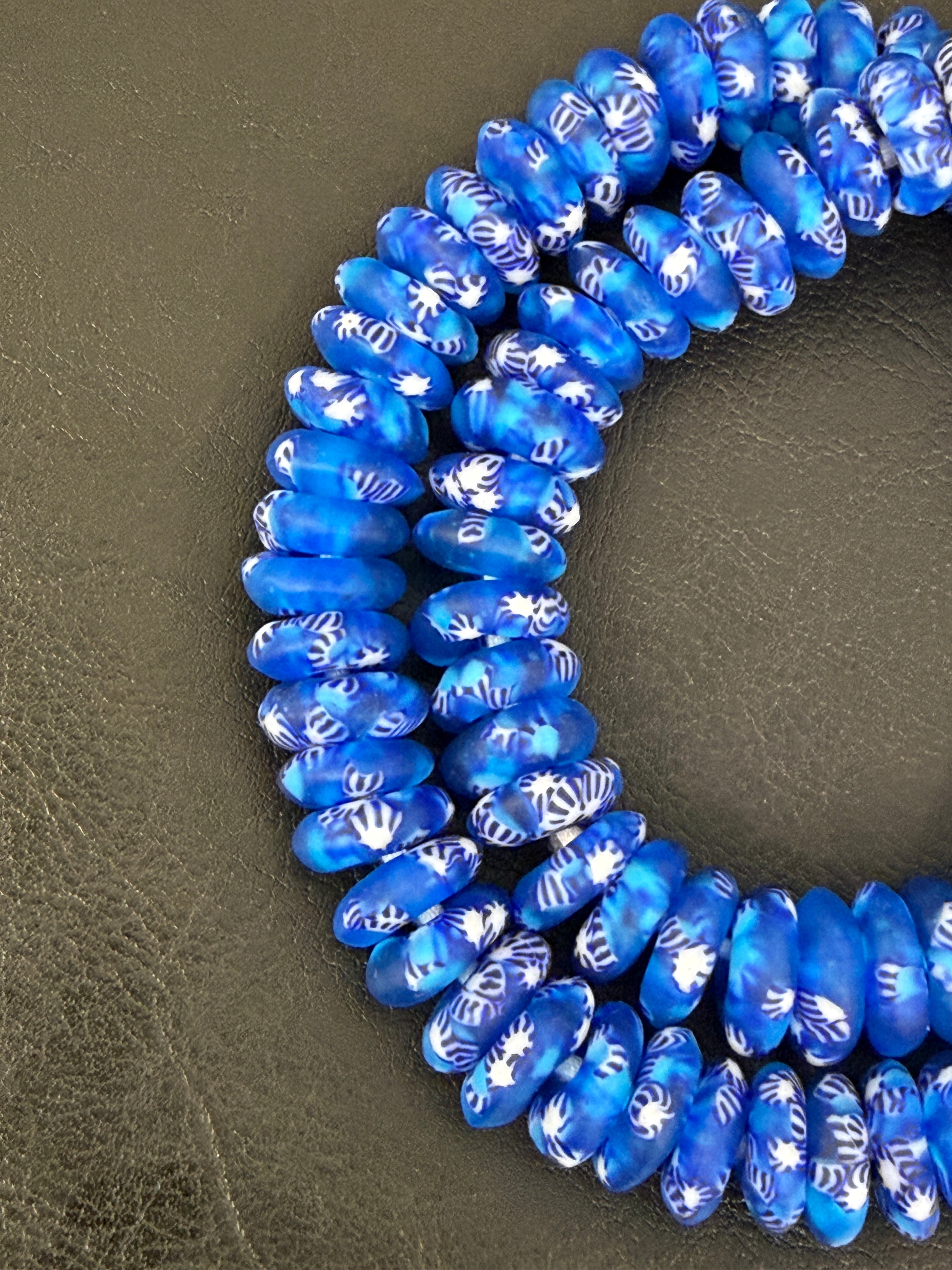 Blue & White African Glass Bead Bundle: Hand-Painted Krobo Rondelle and White Pocket Beads from Ghana