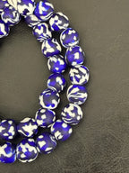 Fused Krobo Recycled Glass Beads 12–14mm | Cobalt Blue, Ivory & Black Handmade African Glass Beads from Ghana