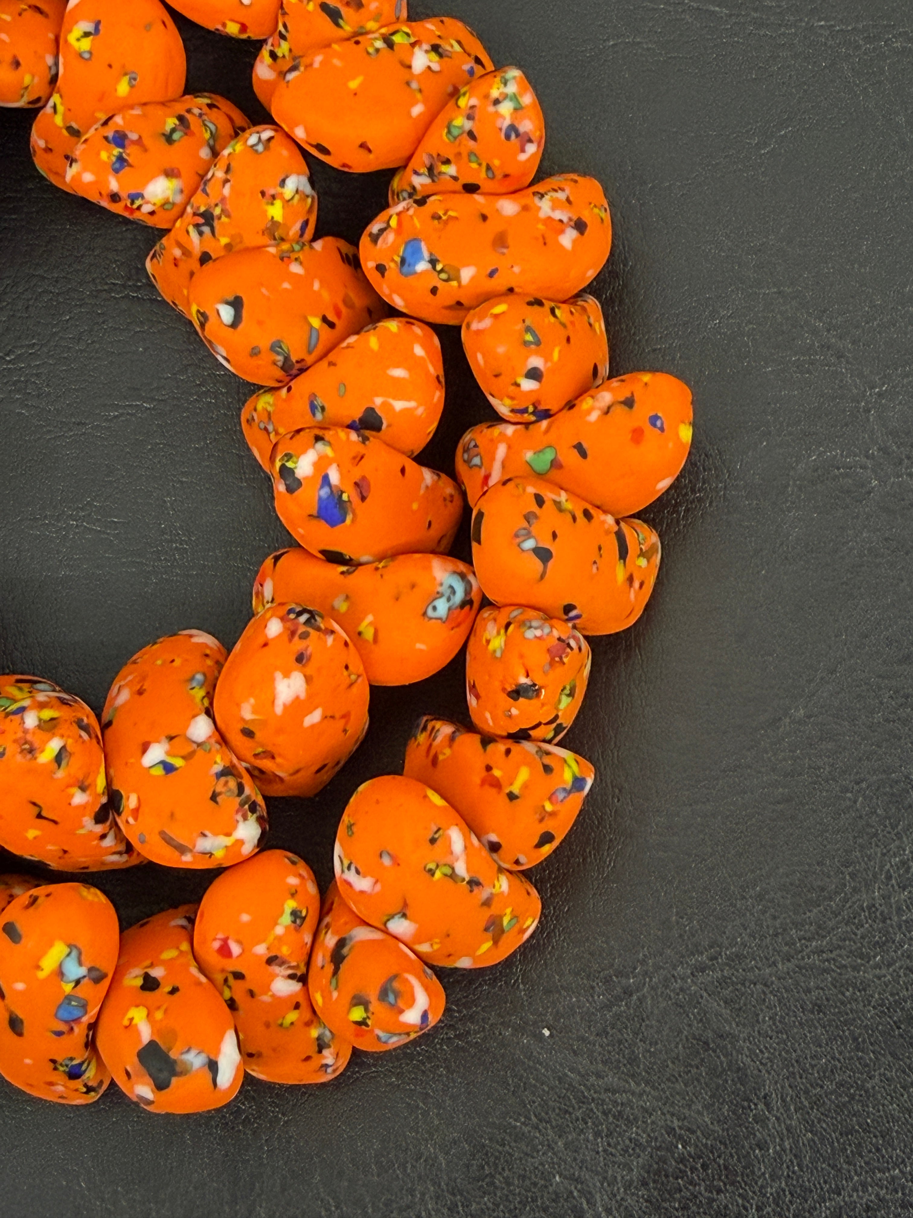 XL Tangerine Orange Confetti Canoe-Shaped Krobo Powdered Glass Beads | Handmade Recycled Glass Beads from Ghana | Large Hole African Designer Beads