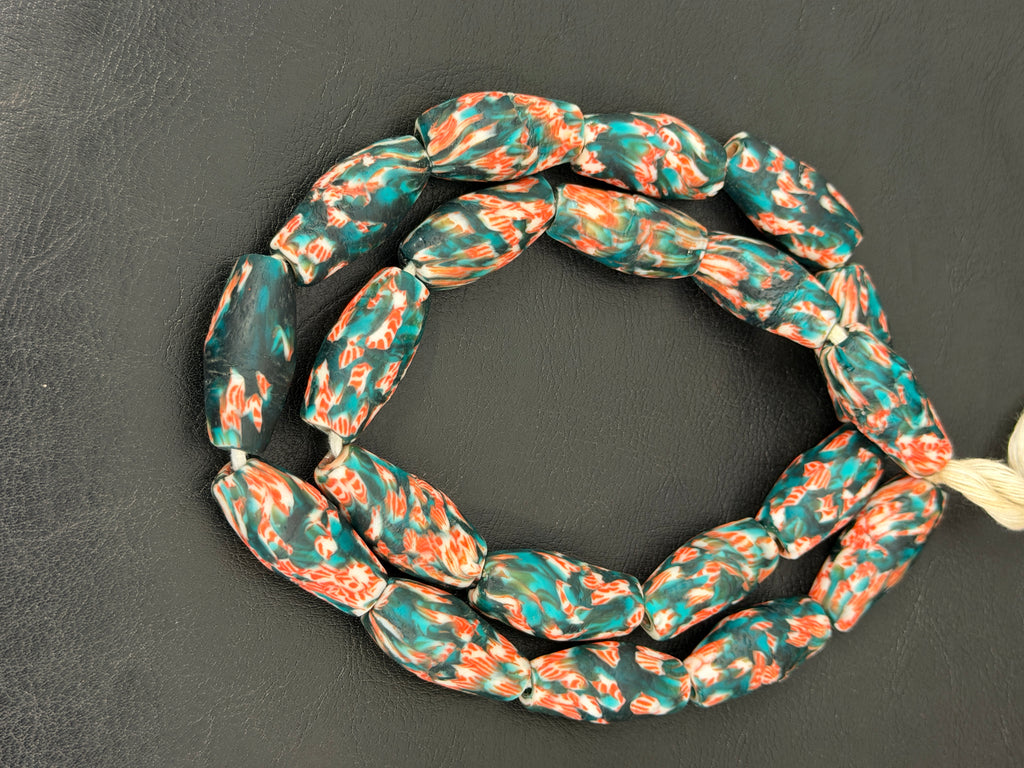Teal and Coral Fused Krobo Recycled Glass Beads, Handmade African Glass Beads, Ghana Statement Jewelry Supplies