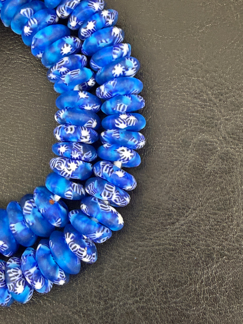 Blue Fused Krobo Rondelle Recycled Glass Beads | Handcrafted Ghana African Trade Beads | 95–99 Beads per Strand