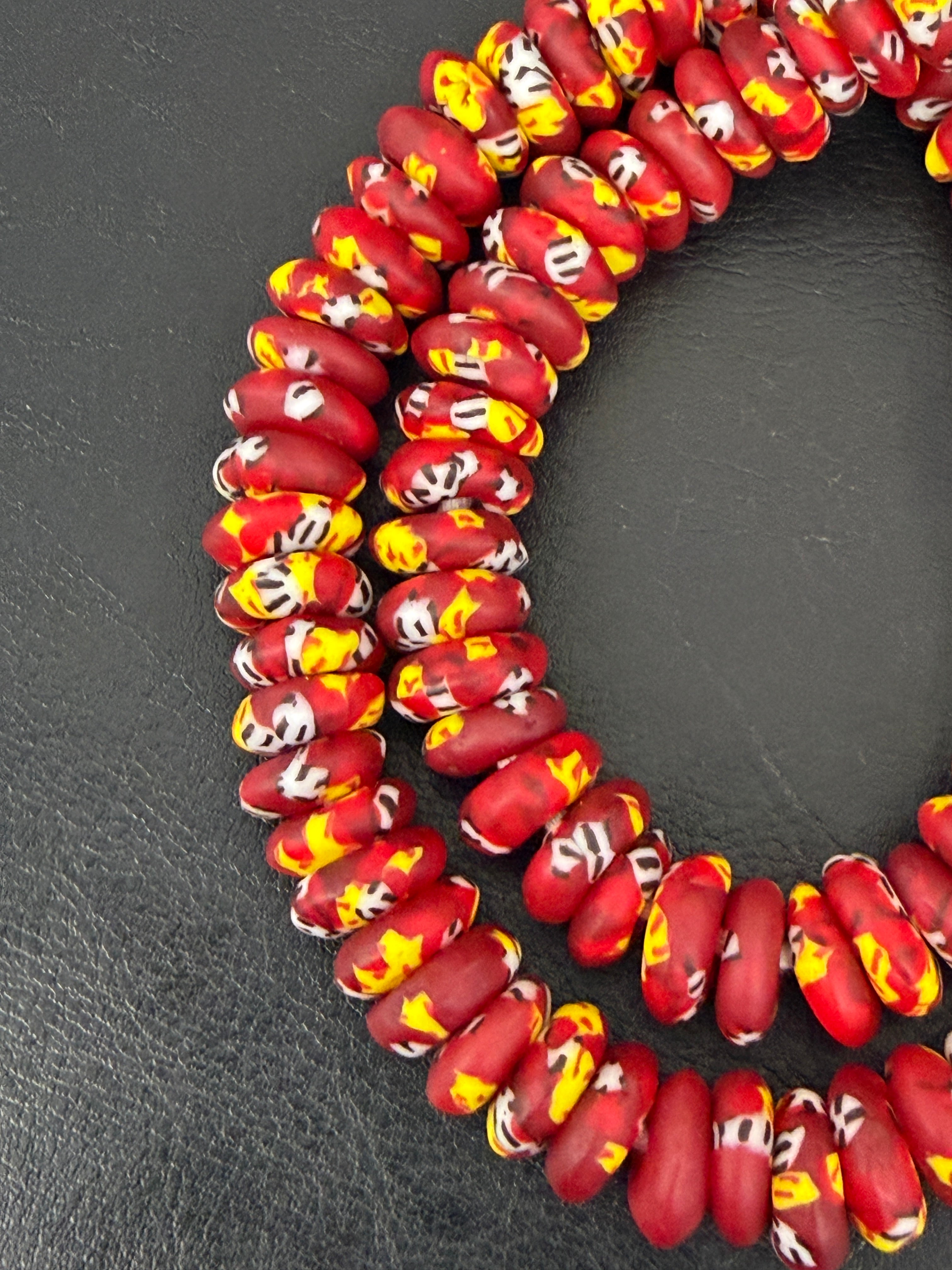 Red African Glass Bead Bundle: Hand-Painted Krobo Rondelle & Round Pocket Glass Beads from Ghana