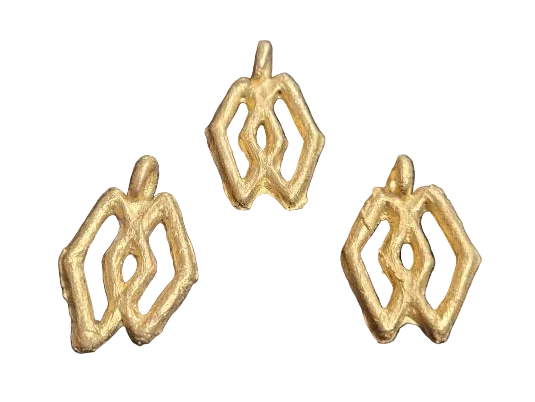 Ashanti brass pendant, 3 Adinkra symbol pendants