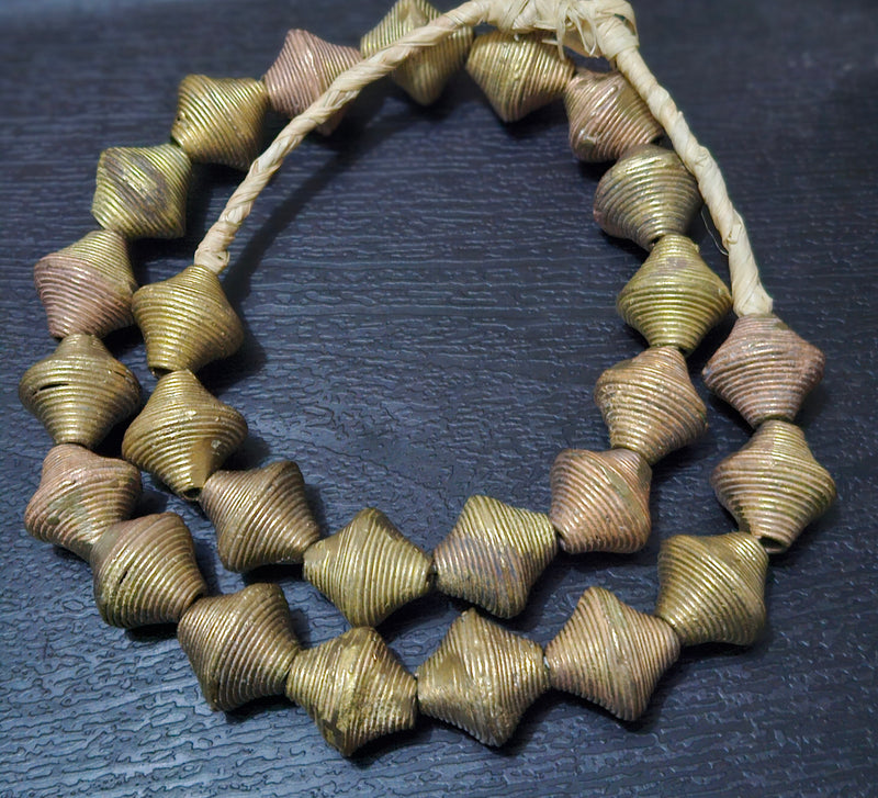 Handcrafted African Brass Beads Strand from Ghana - 25 Pieces, 14-15mm Bicones.